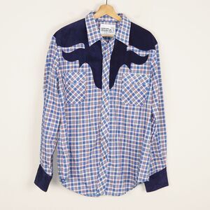 Vintage Hats Off Western Wear Blue Suede Detail Plaid Mens Snap Button Shirt XL